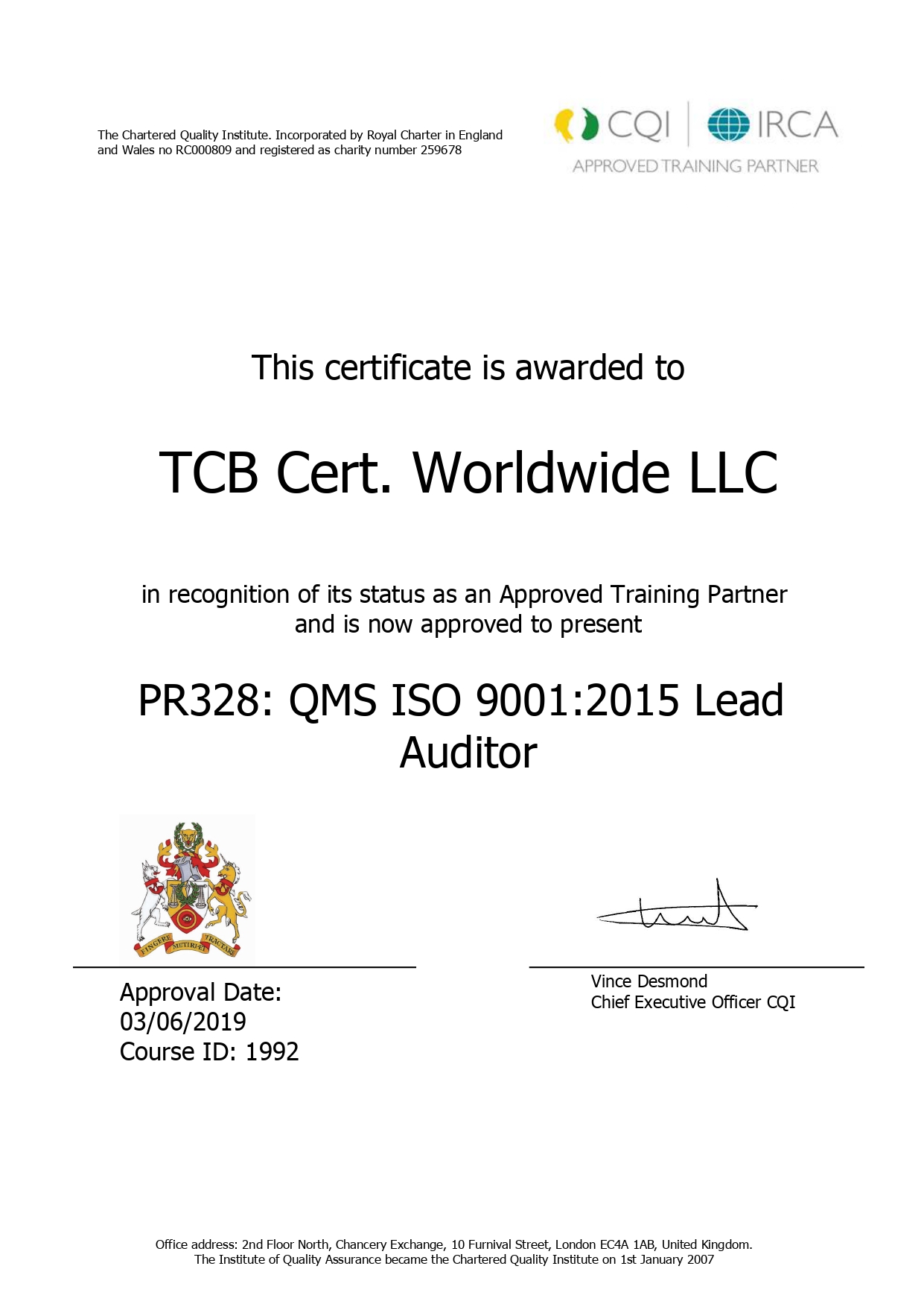 CQI/IRCA Certificate of TCB's ISO 9001:2015 Lead Auditor Course